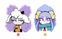 Size: 2048x1271 | Tagged: safe, artist:rceezus, lanolin the sheep, sheep, 2025, :>, ariem, duo, expressions meme, frown, lidded eyes, looking at viewer, looking offscreen, ram, simple background, smile, white background