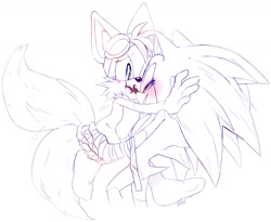 Size: 1280x1052 | Tagged: safe, artist:psychotiicx, miles "tails" prower, sonic the hedgehog, 2018, alternate version, blushing, carrying them, cute, duo, gay, goggles, holding each other, line art, shipping, signature, simple background, smile, sonabetes, sonic boom (tv), sonic x tails, spot color, tailabetes, white background
