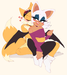 Size: 811x906 | Tagged: safe, artist:psychotiicx, miles "tails" prower, rouge the bat, 2018, aged up, alternate outfit, blushing, duo, eyes closed, flat colors, goggles, heart, hugging, hugging from behind, lidded eyes, shipping, simple background, sitting, smile, straight, tailouge, white background