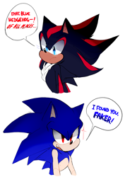 Size: 1280x1812 | Tagged: safe, artist:psychotiicx, shadow the hedgehog, sonic the hedgehog, alternate eye color, blue eyes, dialogue, duo, english text, faker, fangs, frown, glowing eyes, red eyes, simple background, talking, text, white background