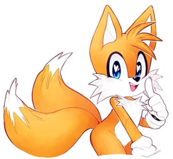Size: 599x550 | Tagged: safe, artist:psychotiicx, miles "tails" prower, blue eyes, cute, heart, heart eyes, looking at viewer, mouth open, open smile, pointing, simple background, smile, smiling at viewer, solo, standing, white background