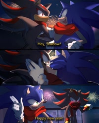 Size: 1638x2048 | Tagged: safe, artist:drakuqeo-elempalado, shadow the hedgehog, sonic the hedgehog, 2026, abstract background, blushing, dialogue, duo, english text, fireworks, gay, kiss, new years, nighttime, outdoors, railing, scarf, shadow x sonic, shipping, smile, standing, sweatdrop, talking, text, walking