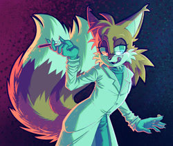 Size: 1604x1358 | Tagged: safe, artist:son1c, miles "tails" prower, 2026, aged up, alternate universe, au:recede, beanbrows, claws, ear fluff, fur markings, glasses, lab coat, lidded eyes, solo, standing, syringe, tail fluff, tongue out