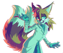 Size: 1604x1358 | Tagged: safe, artist:son1c, miles "tails" prower, 2026, aged up, alternate universe, alternate version, au:recede, beanbrows, claws, ear fluff, eyelashes, fangs, fur markings, glasses, heterochromia, holding something, lab coat, lidded eyes, simple background, solo, standing, syringe, tail fluff, tongue out, transparent background