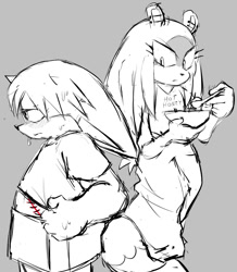 Size: 1025x1177 | Tagged: safe, artist:bobbutterbutt, kit the fennec, surge the tenrec, 2026, alternate outfit, alternate universe, au:recede, bowl, duo, eyelashes, frown, grey background, hair down, holding something, injured, looking at them, looking offscreen, monochrome, scar, simple background, sketch, spoon, standing, stitches, surgery scar