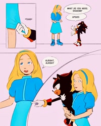 Size: 1638x2048 | Tagged: safe, artist:xuenette, maria robotnik, shadow the hedgehog, human, 2025, brother and sister, carrying them, cute, dialogue, duo, english text, holding them, looking at each other, looking at them, looking offscreen, mouth open, open smile, pointing, siblings, simple background, skirt tug, smile, upsies