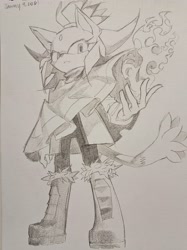 Size: 2048x2731 | Tagged: safe, artist:heikokuru1224, blaze the cat, 2026, alternate outfit, alternate universe, au:outcome memories, boots, ear fluff, fire, fire hand, flame, frown, greyscale, looking at viewer, monochrome, pencilwork, signature, solo, standing, traditional media