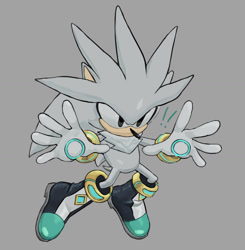 Size: 1221x1247 | Tagged: safe, artist:39circa, silver the hedgehog, 2025, alternate universe, au:outcome memories, exclamation mark, grey background, hand out, hands out, looking offscreen, simple background, solo