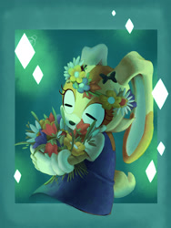 Size: 1536x2048 | Tagged: safe, artist:zamjd, cream the rabbit, 2025, alternate outfit, alternate universe, au:outcome memories, bow, dress, eyes closed, flower, flower crown, holding something, lineless, solo