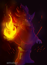 Size: 720x997 | Tagged: safe, artist:piliiiiconfusionf, blaze the cat, 2025, alternate outfit, alternate universe, au:outcome memories, boots, dark, fire, flame, frown, looking at viewer, poncho, signature, solo, standing