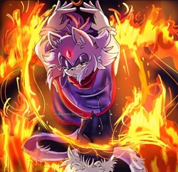 Size: 1080x1045 | Tagged: safe, artist:bunnyiebon, blaze the cat, 2025, :<, alternate outfit, alternate universe, arms up, au:outcome memories, ear fluff, fire, frown, hands up, lidded eyes, looking at viewer, one eye closed, solo, standing