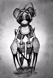 Size: 2048x2982 | Tagged: safe, artist:sonikkublue, tails doll, oc, oc:tripwire, 2025, agender, alternate universe, au:outcome memories, black and white, claws, floating, gradient background, looking at viewer, mid-air, monochrome, solo, solo agender