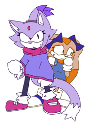 Size: 976x1356 | Tagged: safe, artist:xxpinexapplesxx, blaze the cat, cream the rabbit, 2025, alternate eye color, alternate outfit, alternate universe, au:outcome memories, bow, dress, duo, duo female, female, females only, flat colors, frown, poncho, protecting, red eyes, simple background, standing, sweatdrop, white background