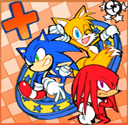 Size: 826x807 | Tagged: safe, artist:loopd33loop, knuckles the echidna, miles "tails" prower, sonic the hedgehog, 2026, checkered background, flat colors, frown, looking at viewer, looking offscreen, smile, sonic mega collection, team sonic, trio
