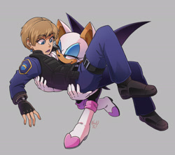 Size: 2048x1820 | Tagged: safe, artist:overlordneon, agent topaz, rouge the bat, human, sonic x, 2025, carrying them, duo, grey background, lesbian, mouth open, rouge x topaz, shipping, simple background, smile