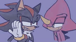 Size: 1181x659 | Tagged: safe, artist:aleespace-art, espio the chameleon, shadow the hedgehog, 2026, duo, gay, lidded eyes, looking at each other, purple background, shadpio, shipping, simple background, smile, smirk