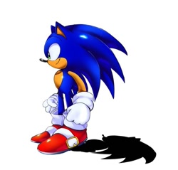 Size: 945x904 | Tagged: safe, artist:chocosun4ever, sonic the hedgehog, 2026, clenched fists, looking offscreen, shadow (lighting), side view, simple background, smile, solo, standing, white background