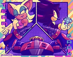 Size: 2048x1583 | Tagged: safe, artist:katieee_llyn, e-123 omega, rouge the bat, shadow the hedgehog, 2026, chaos emerald, english text, frown, holding something, looking at viewer, looking offscreen, robot, signature, smile, sparkles, stretching, team dark, text, trio, wink