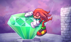 Size: 1840x1080 | Tagged: safe, artist:jeffydust, knuckles the echidna, 2024, eyes closed, hugging, master emerald, master emerald shrine, one fang, outdoors, smile, solo