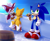 Size: 1456x1195 | Tagged: safe, artist:akusuru, chip, miles "tails" prower, sonic the hedgehog, sonic unleashed, 2013, abstract background, barrel, daytime, flying, food, holding something, ice cream, leaning, leaning back, looking at something, looking offscreen, male, mid-air, ocean, outdoors, smile, standing, sun, tongue out, trio, water