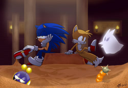 Size: 800x552 | Tagged: safe, artist:kezart, caterkiller, miles "tails" prower, sonic the hedgehog, sandopolis zone, 2021, abstract background, agender, badnik, bored, frown, ghost, group, head rest, hyudoro, lidded eyes, male, mouth open, robot, sand, scared, shoes off, shrunken pupils, signature, sitting, skorp, sonic the hedgehog 3, torch