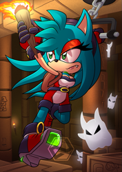 Size: 637x900 | Tagged: safe, artist:darknoise, oc, oc:purity the hedgehog, hedgehog, sandopolis zone, 2022, abstract background, eyelashes, fire, flame, frown, ghost, group, hanging, holding something, hyudoro, lidded eyes, looking back, looking offscreen, solo focus, switch, torch