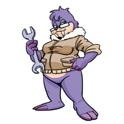 Size: 400x400 | Tagged: safe, artist:phoerfagge, rotor walrus, 2011, barefoot, chubby, clothes, fangs, gender swap, glasses, hand on hip, holding something, jacket, lidded eyes, simple background, smile, solo, white background, wrench
