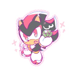 Size: 1334x1310 | Tagged: safe, artist:neku_646611, shadow the hedgehog, 2026, chaos emerald, chibi, commission, cute, holding something, mouth open, shadowbetes, simple background, solo, standing, white background