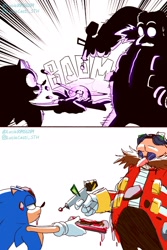 Size: 1400x2100 | Tagged: safe, artist:luciacas_tillo, robotnik, sonic the hedgehog, human, 2022, cake, comic, duo, food, holding something, lidded eyes, looking at each other, looking at them, mouth open, simple background, standing, white background