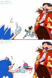 Size: 1400x2100 | Tagged: safe, artist:luciacas_tillo, robotnik, sonic the hedgehog, human, 2025, comic, cupcake, duo, eyes closed, food, holding something, looking at them, simple background, smile, standing, white background