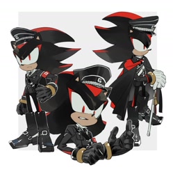 Size: 1610x1614 | Tagged: safe, artist:bb_meronpan, shadow the hedgehog, 2025, alternate outfit, boots, border, grey background, hat, simple background, solo, standing