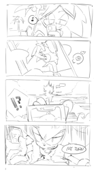 Size: 1002x1704 | Tagged: safe, artist:bb_meronpan, shadow the hedgehog, sonic the hedgehog, 2025, comic, duo, english text, gay, greyscale, lidded eyes, looking at them, monochrome, phone, shadow x sonic, shipping, simple background, sketch, speech bubble, white background