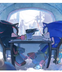 Size: 1661x1927 | Tagged: safe, artist:xxxxx_jjz, shadow the hedgehog, sonic the hedgehog, chao, 2025, chair, group, gun, head rest, holding something, looking at each other, looking at them, neutral chao, sitting, smile, table