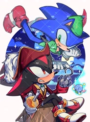 Size: 1620x2197 | Tagged: safe, artist:kou_sonic, artist:xxxxx_jjz, shadow the hedgehog, sonic the hedgehog, chao, 2025, collaboration, cosplay, gay, looking at each other, looking at them, neutral chao, peter pan (1953), shadow x sonic, shipping, simple background, sitting, smile, trio, white background