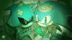 Size: 762x427 | Tagged: safe, artist:qqn1043793, metal sonic, sonic the hedgehog, 2026, duo, gay, holding something, metonic, mouth open, nurse outfit, pill, robot, shipping, smile, straitjacket, syringe