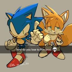 Size: 1980x1980 | Tagged: safe, artist:pk_draws_40, miles "tails" prower, sonic the hedgehog, 2023, duo, emoji, english text, grey background, grin, lidded eyes, looking at viewer, simple background, smile, snapchat, standing