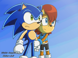 Size: 640x480 | Tagged: safe, artist:vitoriacampos, sally acorn, sonic the hedgehog, chipmunk, hedgehog, sonic x, 2017, daytime, dialogue, duo, female, holding arm, male, sally x sonic, sally's ringblader outfit, shipping, sonic x style, straight