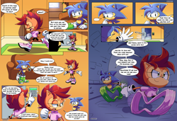Size: 3808x2600 | Tagged: safe, artist:risziarts, manik acorn, sonia acorn, chipmunk, hedgehog, 2023, child, comic, dialogue, duo, english text, female, male, parent:sally, parent:sonic, parents:sonally, running, sofa, speech bubble, super peel-out