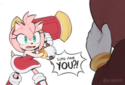 Size: 1424x972 | Tagged: safe, artist:kiioki11, amy rose, hedgehog, dialogue, female, hoodie, self paradox, signature, white background