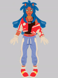 Size: 1537x2048 | Tagged: safe, artist:qcoded, sonic the hedgehog, human, 2025, clothes, grey background, humanized, looking at viewer, midriff, no outlines, partially humanized, simple background, smile, smiling at viewer, solo, species swap, tan skin