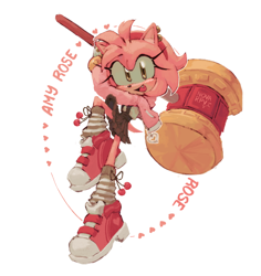 Size: 1934x2048 | Tagged: safe, artist:nova-rpv, amy rose, 2024, alternate outfit, amybetes, character name, clothes, cute, dress, ear piercing, earring, heart, holding something, leg warmers, one fang, piko piko hammer, redraw, simple background, smile, smiling at viewer, solo, text, white background