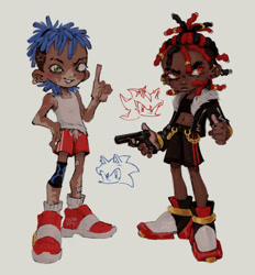 Size: 2000x2157 | Tagged: safe, artist:nova-rpv, shadow the hedgehog, sonic the hedgehog, human, 2024, bandaid, clothes, dark skin, duo, ear piercing, earring, frown, gun, holding something, humanized, midriff, pointing, scar, smile, species swap, vitiligo