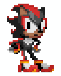 Size: 518x640 | Tagged: safe, artist:nova-rpv, shadow the hedgehog, 2023, animated, classic shadow, gif, hands on hips, idle, infinite loop, looking at viewer, pixel art, simple background, solo, sprite, tan skin, tapping foot, white background