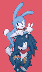 Size: 1200x2035 | Tagged: safe, artist:blousquidly, feels the rabbit, hedgehog, rabbit, 2024, backwards v sign, duo, frown, leaning, leaning on them, looking at viewer, male, red background, scar, simple background, sitting, smile, standing, terios the hedgehog, v sign