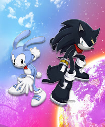 Size: 1707x2048 | Tagged: safe, artist:spikey-gum, feels the rabbit, hedgehog, rabbit, sonic adventure 2, 2024, abstract background, duo, frown, looking at viewer, male, outline, redraw, scar, signature, smile, terios the hedgehog