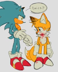 Size: 614x768 | Tagged: safe, artist:funnybonesfunny, miles "tails" prower, sonic the hedgehog, 2025, alternate universe, au:dr. prower, blood, blood on face, character name, duo, looking at them, simple background, speech bubble, standing, top surgery scars