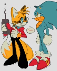 Size: 614x768 | Tagged: safe, artist:funnybonesfunny, miles "tails" prower, sonic the hedgehog, 2025, alternate outfit, alternate universe, au:dr. prower, character name, duo, grey background, holding something, looking at viewer, remote controller, scar, simple background, speech bubble, standing, top surgery scars