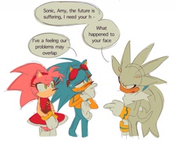 Size: 1143x915 | Tagged: safe, artist:funnybonesfunny, amy rose, silver the hedgehog, sonic the hedgehog, 2025, alternate hairstyle, alternate universe, au:dr. prower, english text, goggles, goggles on head, looking at each other, looking at them, ponytail, simple background, speech bubble, standing, trio, white background