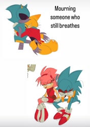 Size: 749x1059 | Tagged: safe, artist:funnybonesfunny, amy rose, metal sonic, miles "tails" prower, sonic the hedgehog, 2025, alternate outfit, alternate universe, au:dr. prower, black sclera, english text, goggles, goggles on head, group, hands on own face, hugging, looking at them, robot, simple background, sitting, white background