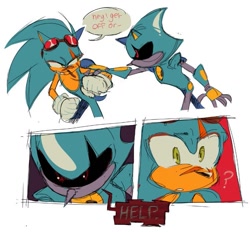 Size: 749x694 | Tagged: safe, artist:funnybonesfunny, metal sonic, sonic the hedgehog, 2025, alternate universe, au:dr. prower, black sclera, comic, duo, english text, hand on another's arm, looking at each other, looking at them, robot, scar, simple background, speech bubble, standing, top surgery scars, white background